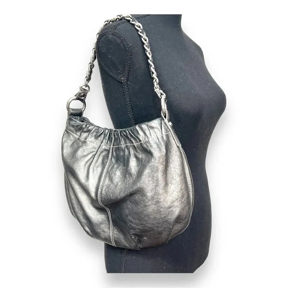 TALBOTS Metallic Gray Leather Hobo Shoulder Bag with Silver Tone Hardware